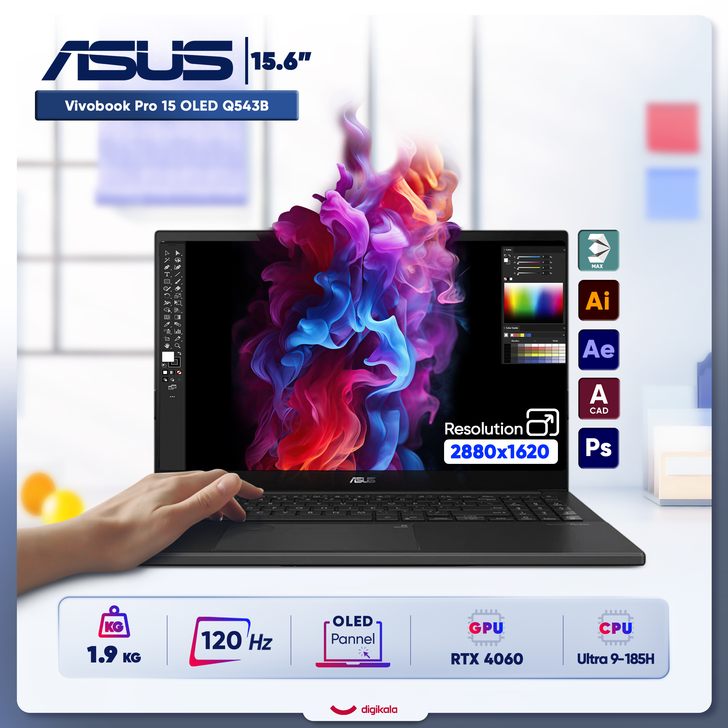 لپ تاپ 15.6 اینچی ایسوس مدل Vivobook Pro 15 OLED Q543B-U9406-Core Ultra 9 185H-24GB DDR5-2TB SSD-RTX4060 8GB-OLED 120Hz-W