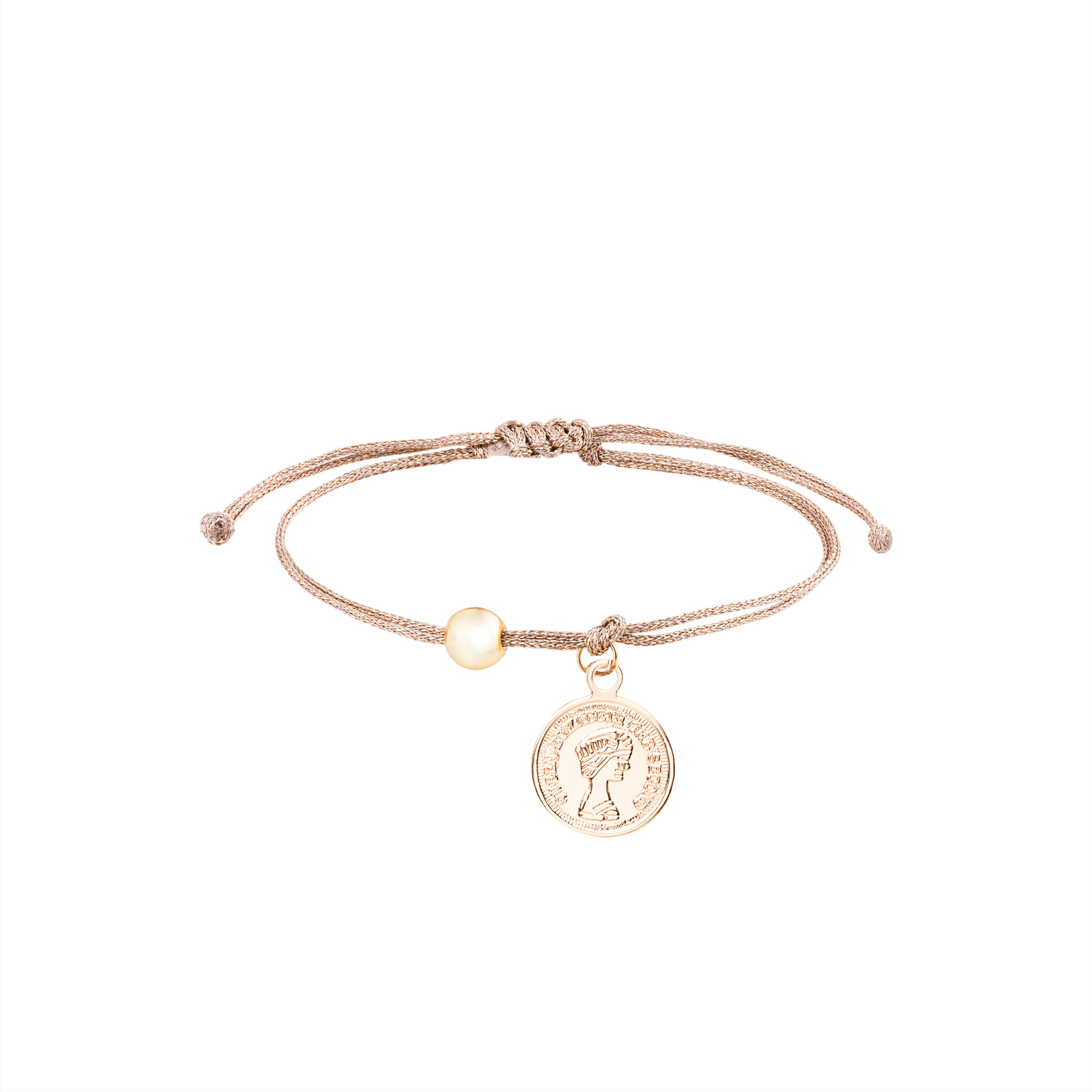 دستبند طلا 18 عیار زنانه گالری شیدا مجد مدل سکه ملکه نخی لمه بژ