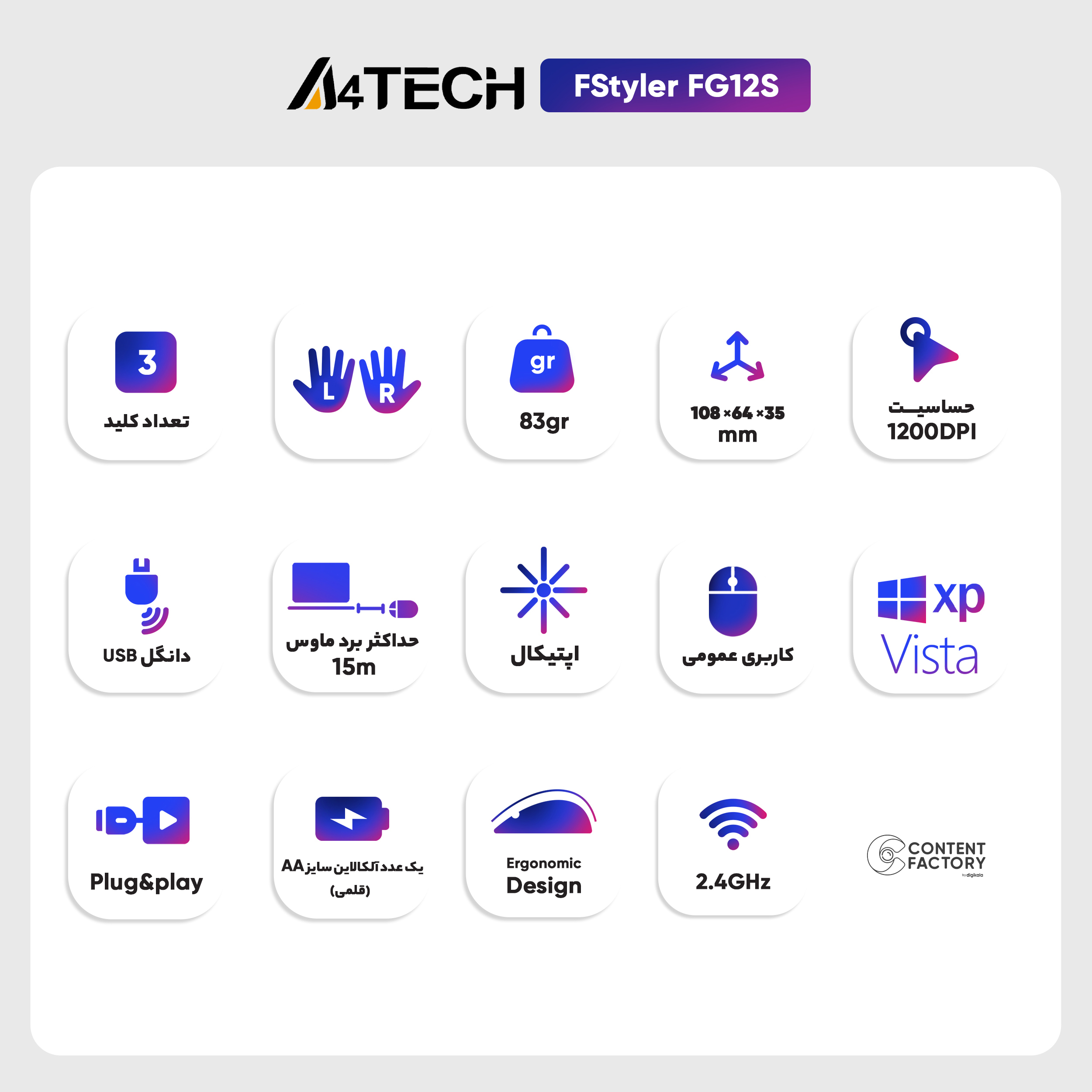 ماوس بی سیم ای فورتک مدل FStyler FG12S