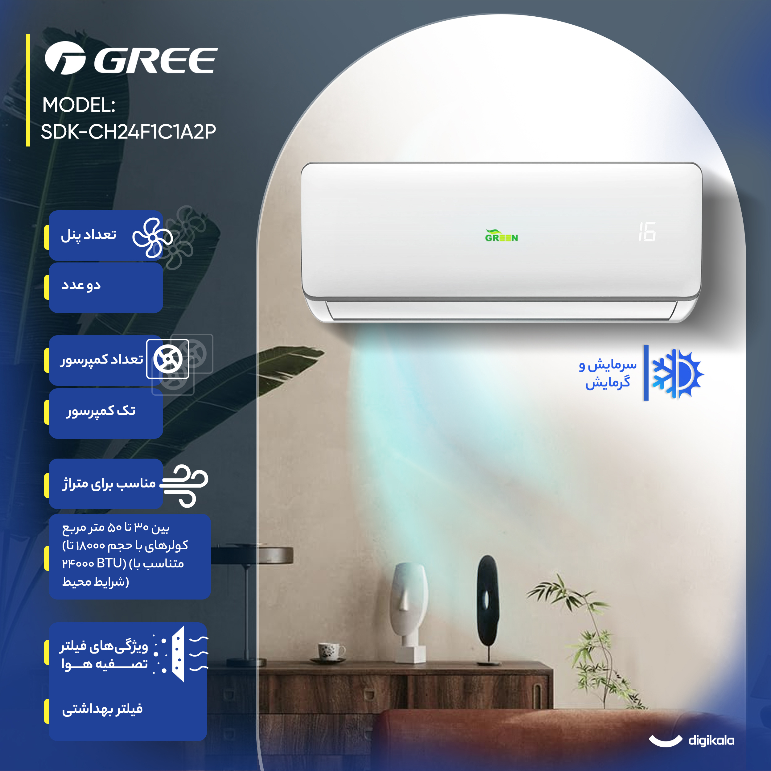 کولر گازی اسپلیت دیواری 24000 اینورتر گرین مدل SDK-CH24F1C1A2P