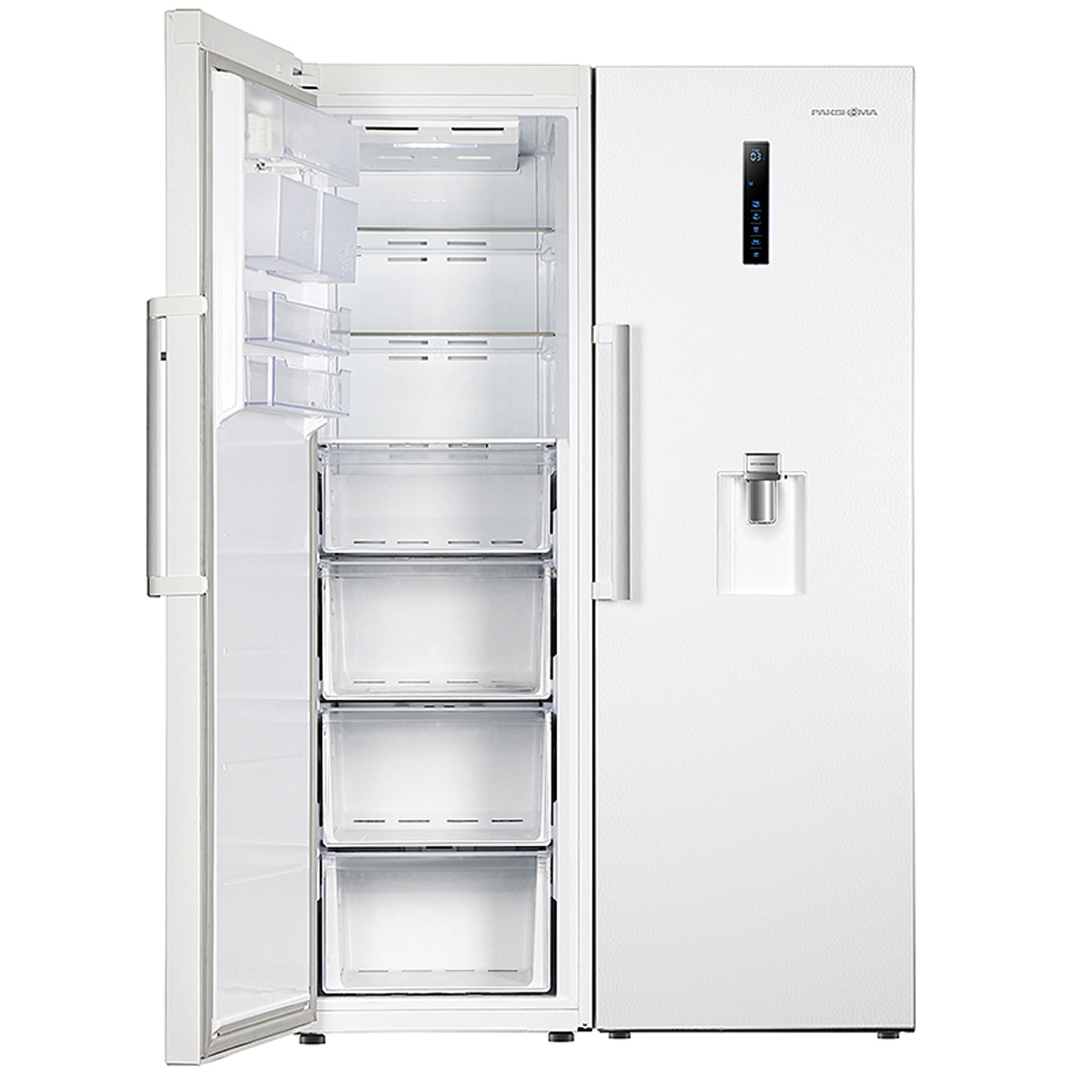 یخچال و فریزر دوقلو 40 فوت پاکشوما مدل RTRA-RTFA۹۰۱iW (N۲)، دارای نمایشگر و بدون برفک، با ارتفاع 187، پهنای 118 و عمق 73 سانتیمتر، میزان مصرف انرژی A+، دارای 5 طبقه در یخچال و 4 کشو در فریزر، دارای سیستم نوفراست