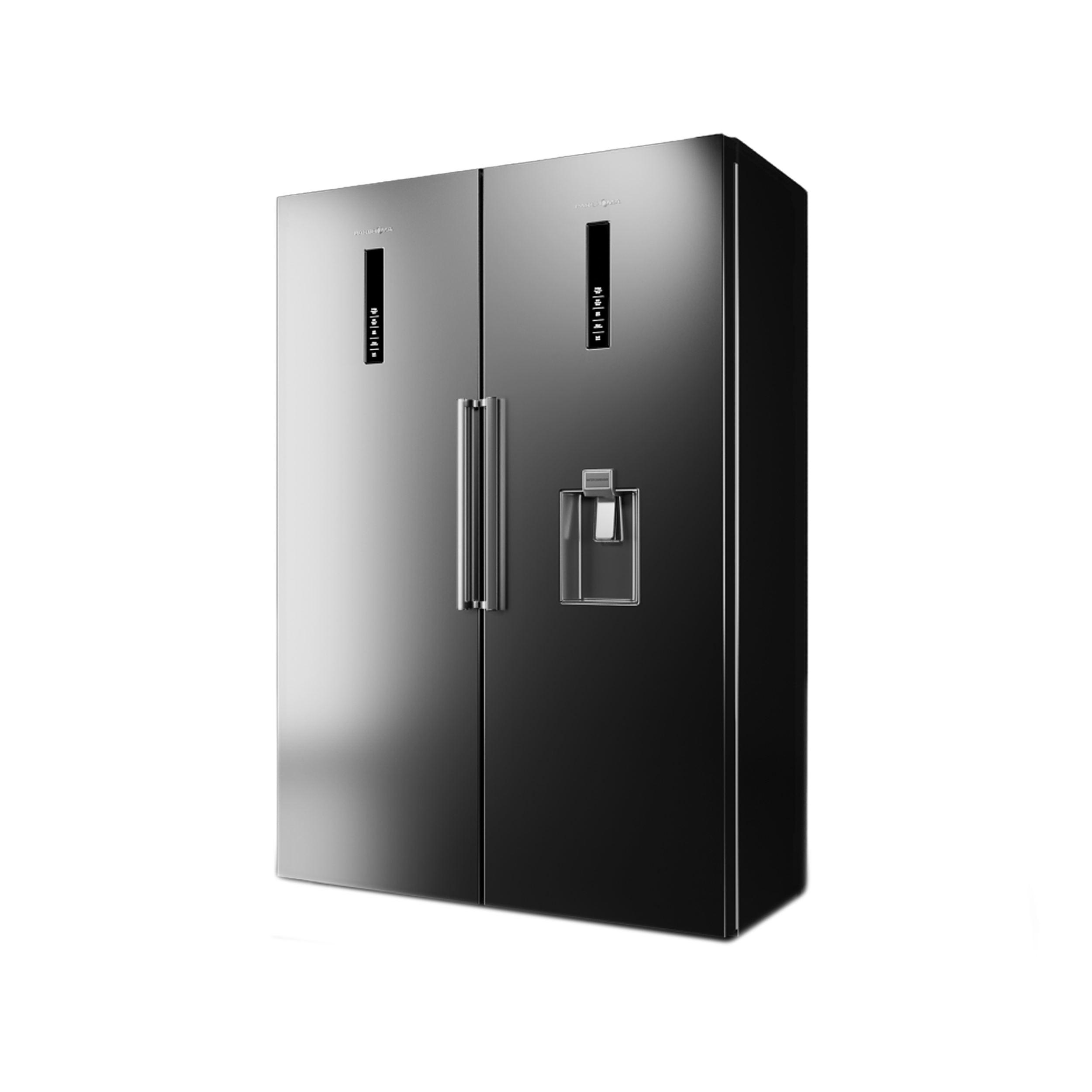 یخچال فریزر دوقلو پاکشوما مدل RTRA-RTFA901 iX (N1) سری Twin Peaks، دارای نمایشگر و بدون برفک، با ارتفاع 187، پهنای 118 و عمق 73 سانتیمتر، میزان مصرف انرژی A+، دارای 5 طبقه در یخچال و 4 کشو در فریزر