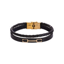 دستبند طلا 18 عیار مردانه با بند چرمی گالری شیدا مجد مدل لاین دو مربع