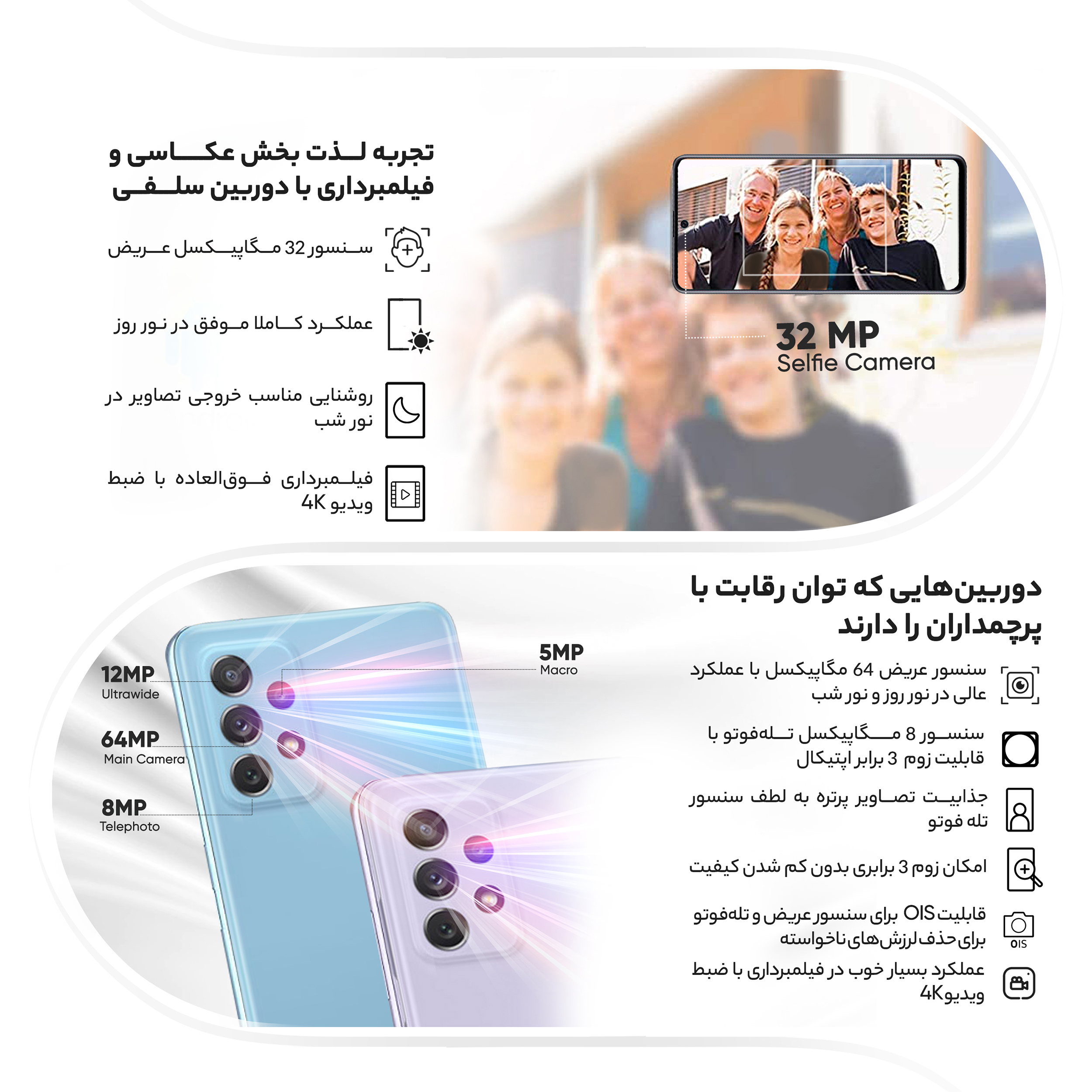 گوشی موبایل سامسونگ مدل Galaxy A72 دو سیم‌کارت ظرفیت 256 گیگابایت و رم 8 گیگابایت