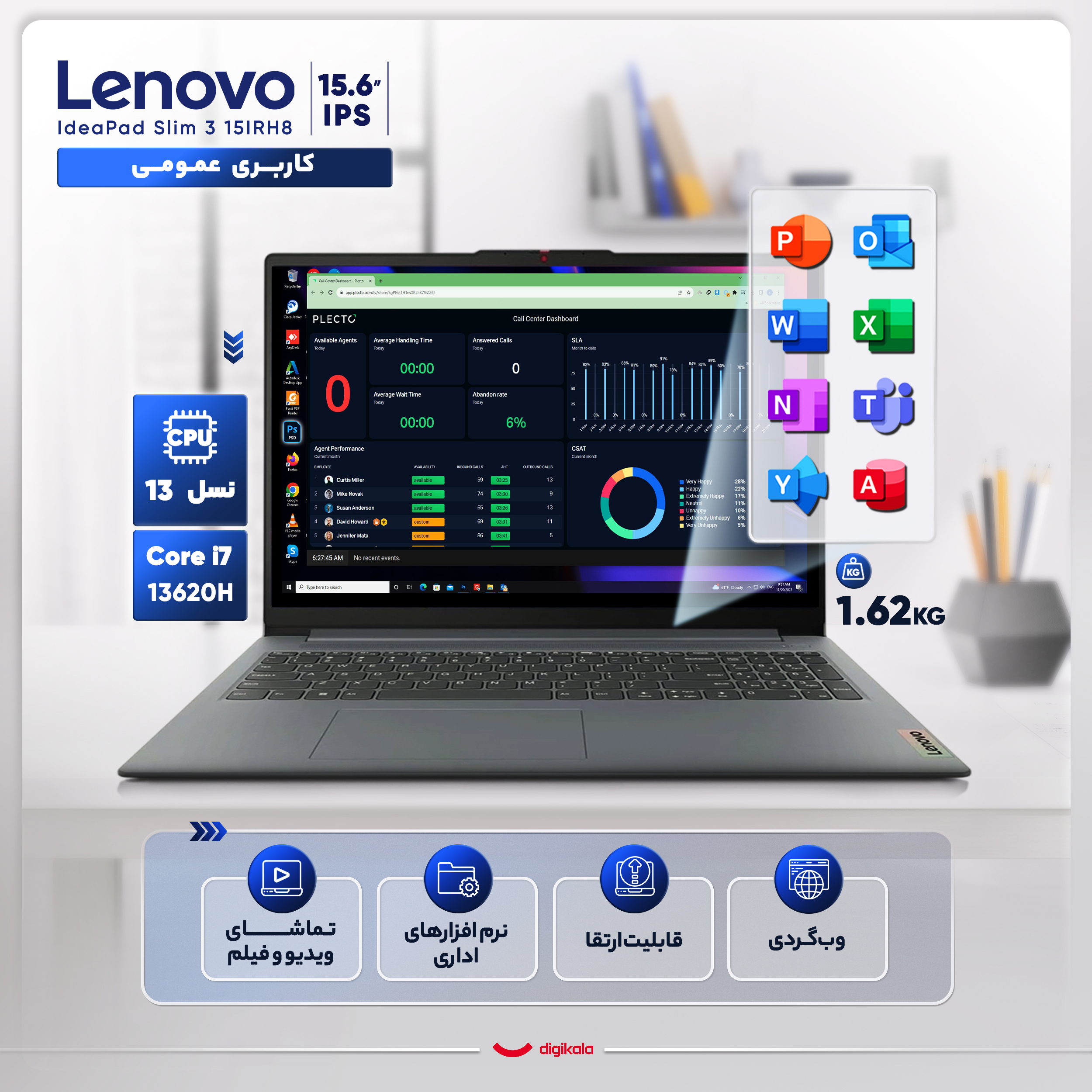 لپ تاپ 15.6 اینچی لنوو مدل IdeaPad Slim 3 15IRH8-i7 13620H-16GB LPDDR5-512GB SSD-IPS