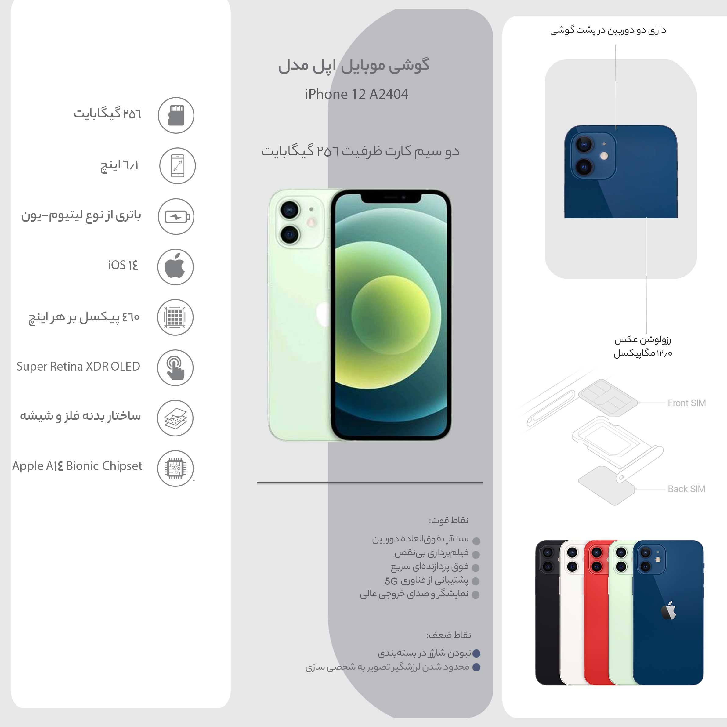 گوشی موبایل اپل مدل iPhone 12 ZA/A دو سیم‌ کارت ظرفیت 256 گیگابایت و رم 4 گیگابایت - نات اکتیو