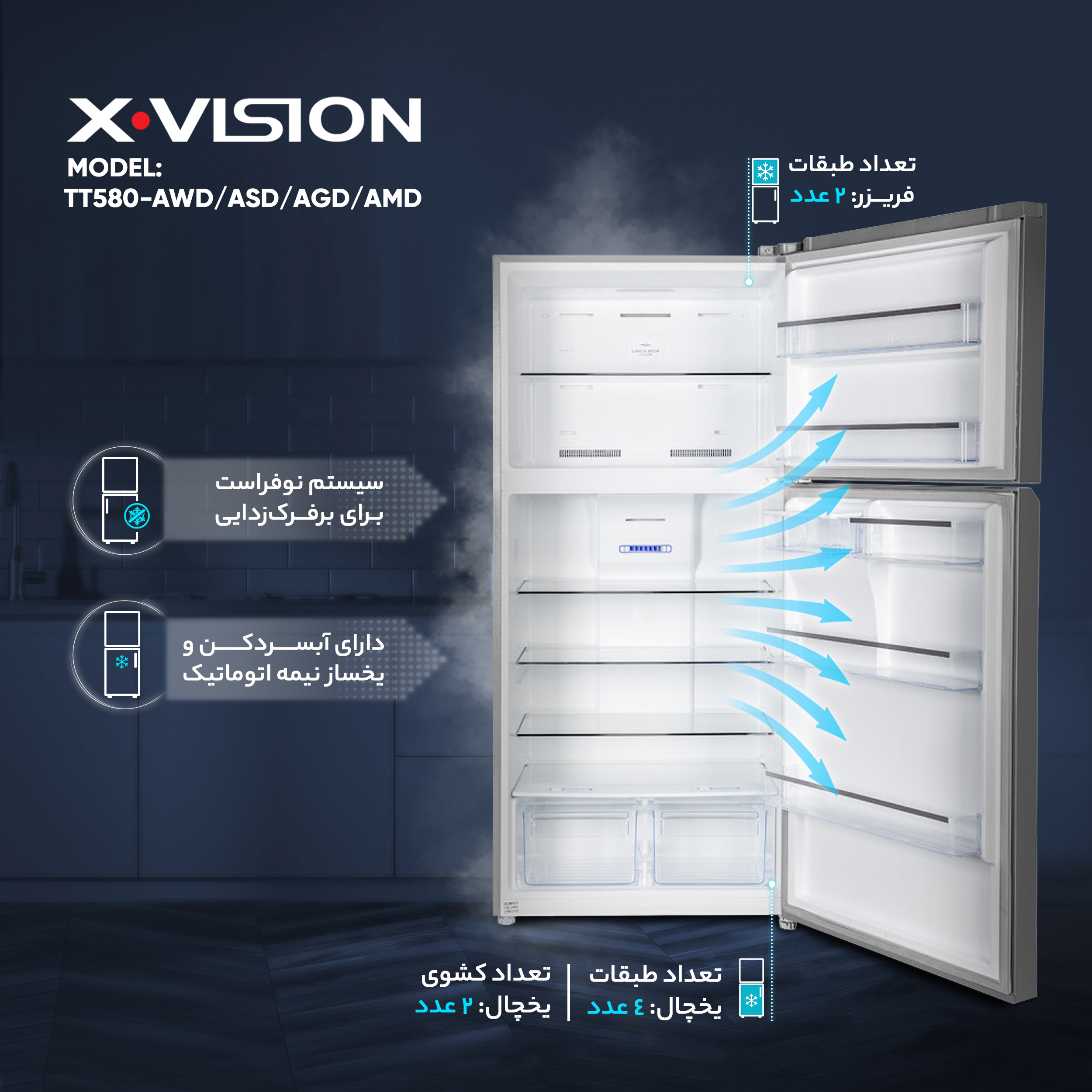 یخچال و فریزر 26 فوت ایکس ویژن مدل TT580-AWD/ASD/AGD/AMD