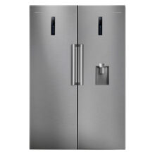 یخچال فریزر دوقلو پاکشوما مدل RTRA-RTFA901 iX (N1) سری Twin Peaks، دارای نمایشگر و بدون برفک، با ارتفاع 187، پهنای 118 و عمق 73 سانتی‌متر، میزان مصرف انرژی A+، دارای 5 طبقه در یخچال و 4 کشو در فریزر