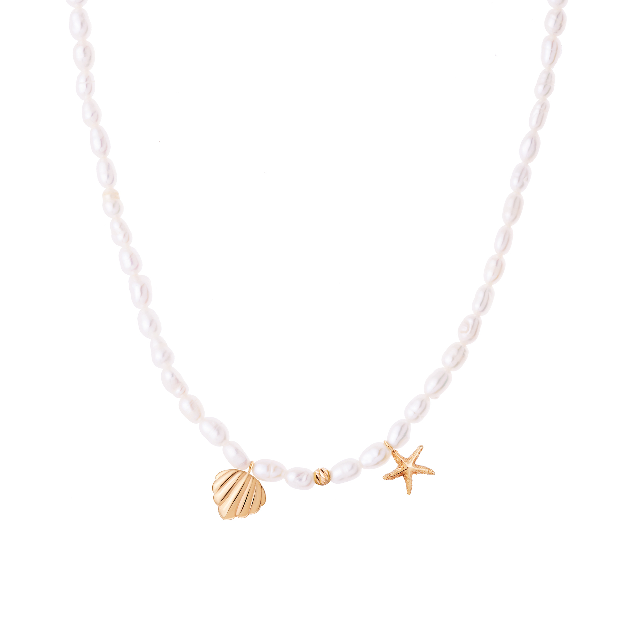 گردنبند طلا 18 عیار زنانه با زنجیر مروارید گالری شیدا مجد مدل صدف و ستاره دریایی باروک ریز