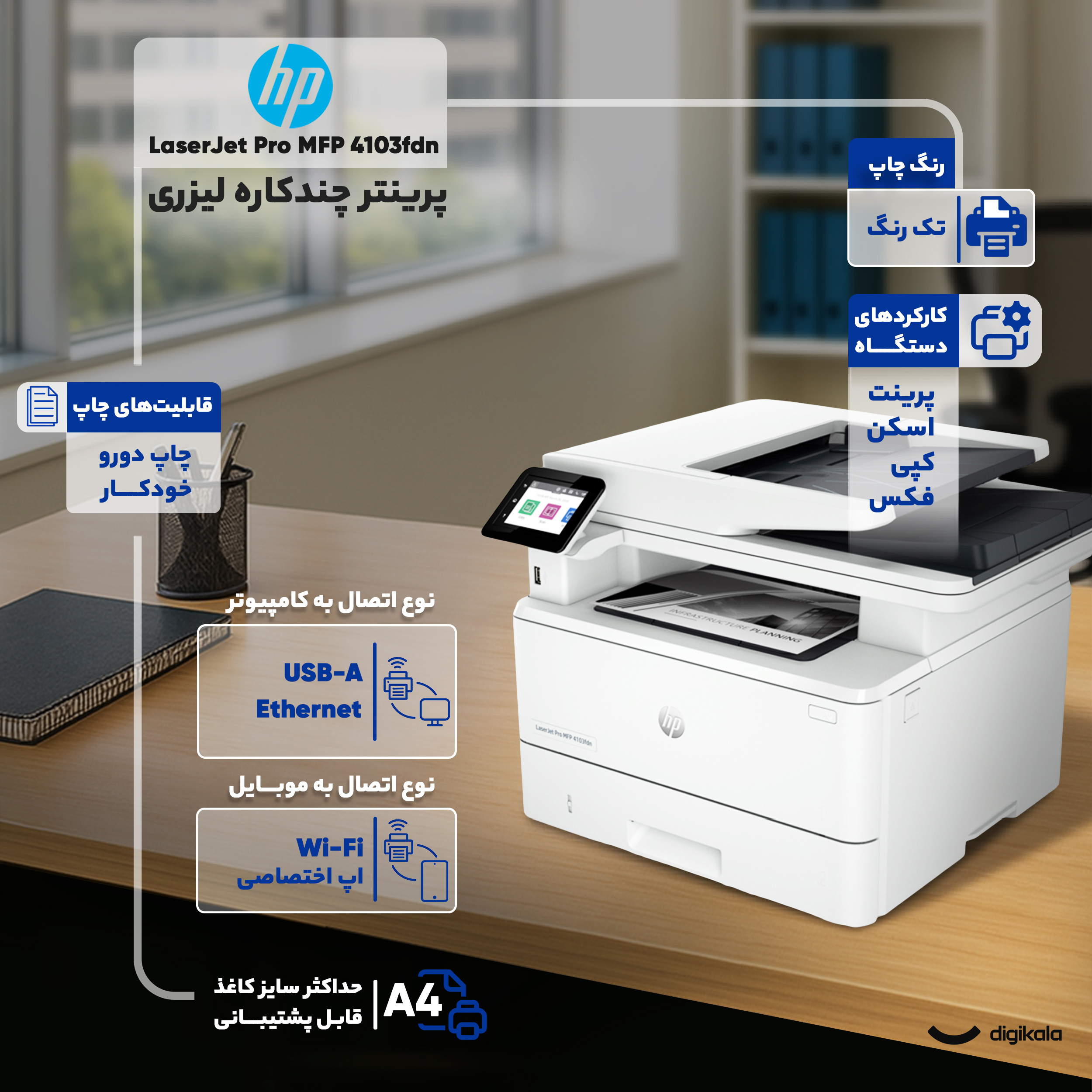 پرینتر چند کاره لیزری اچ‌ پی مدل LaserJet Pro MFP 4103fdn