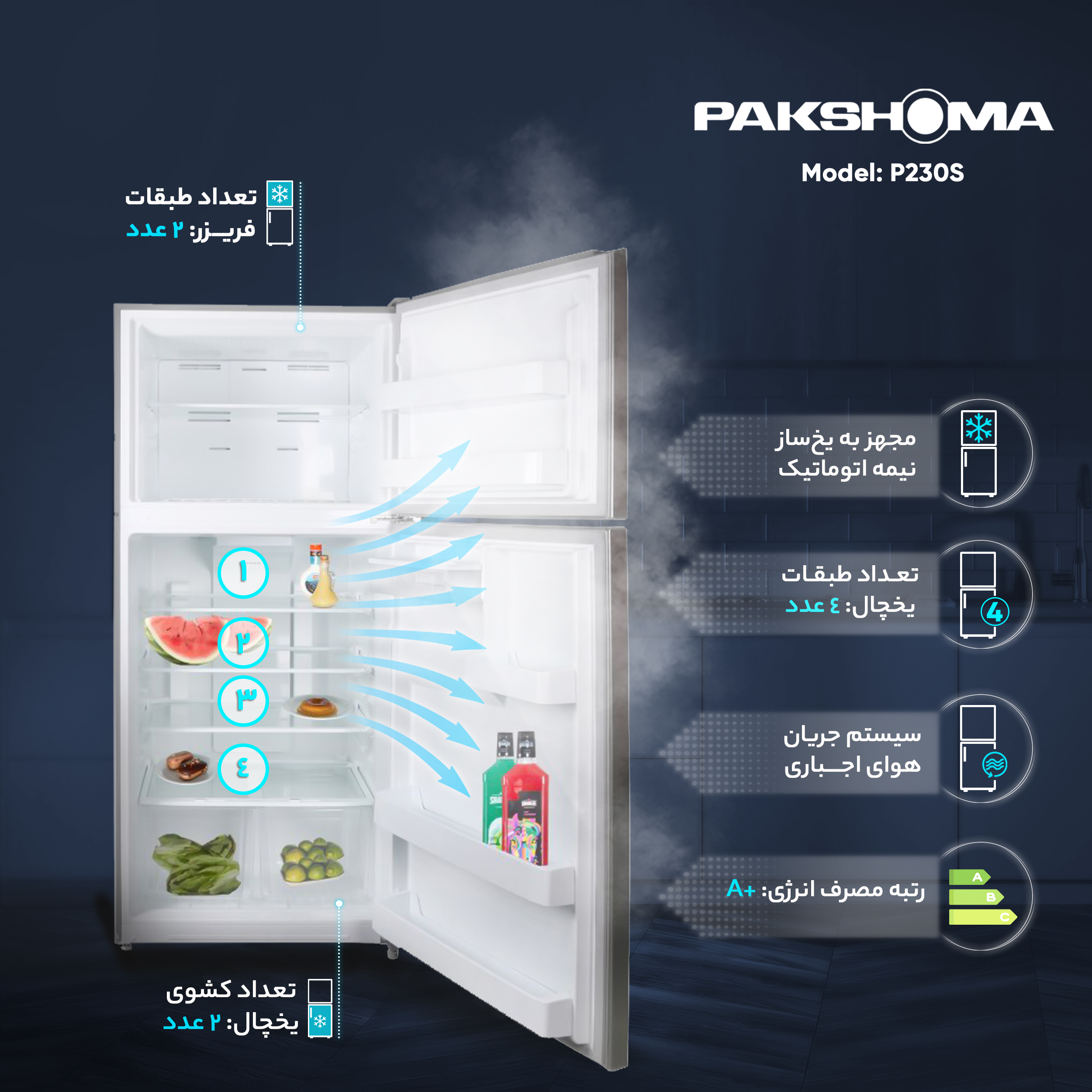 یخچال و فریزر 23 فوت پاکشوما مدل P230S