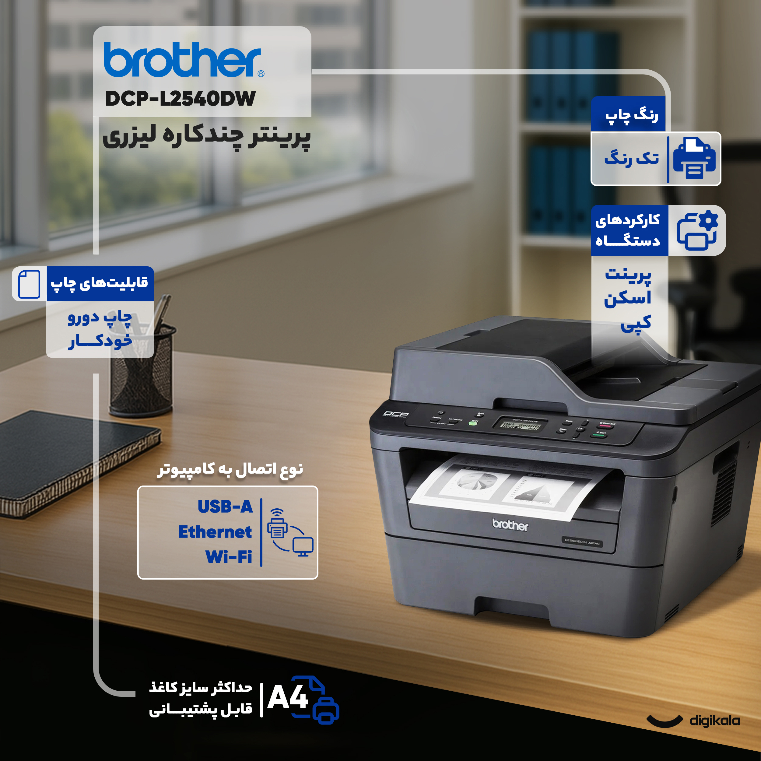 پرینتر چندکاره لیزری برادر مدل DCP-L2540DW
