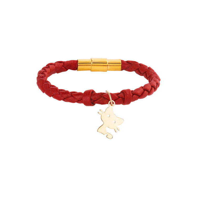 دستبند طلا 18 عیار بچگانه با بند چرمی گالری شیدا مجد مدل گربه