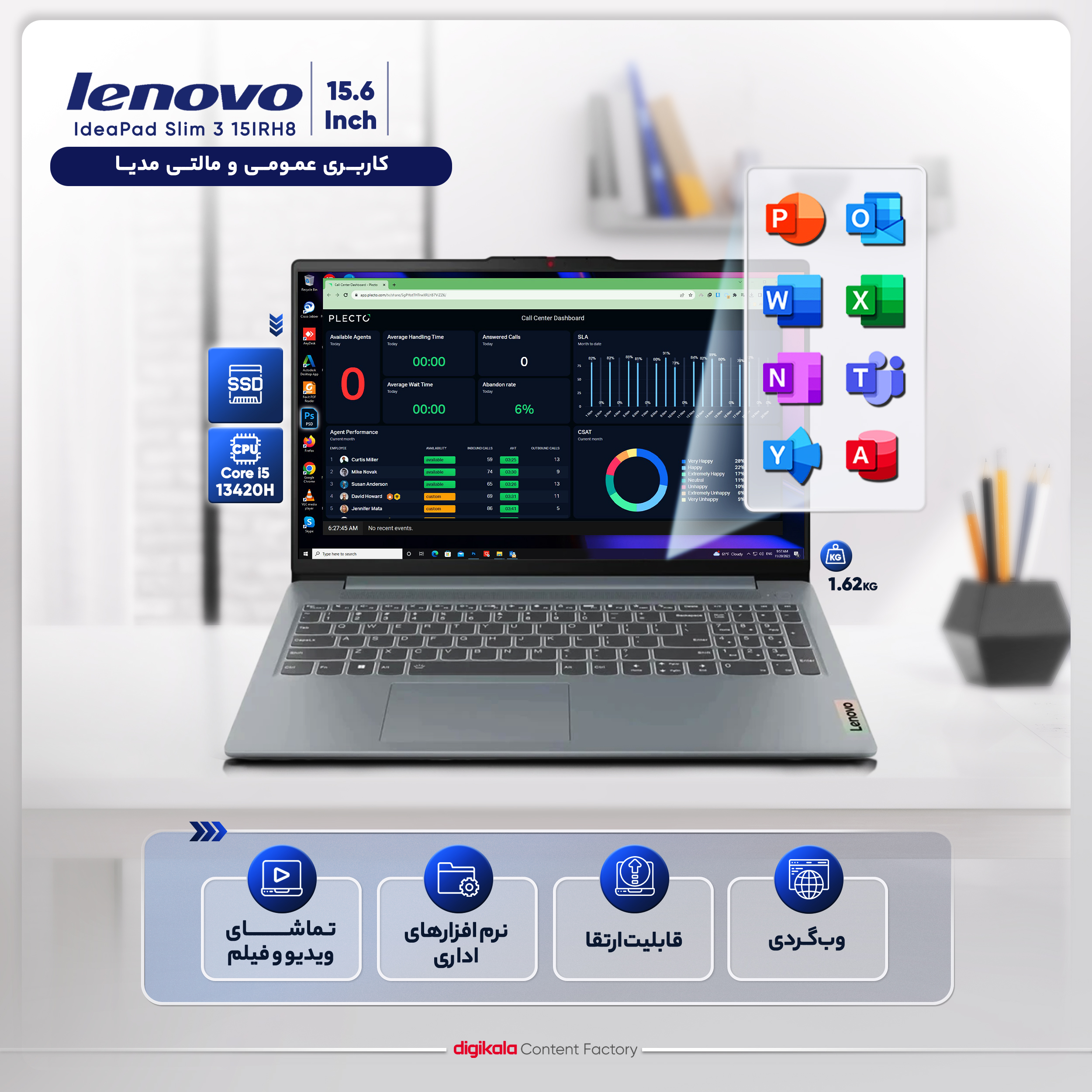 لپ تاپ 15.6 اینچی لنوو مدل IdeaPad Slim 3 15IRH8-i5 13420H-16GB LPDDR5-512GB SSD-TN