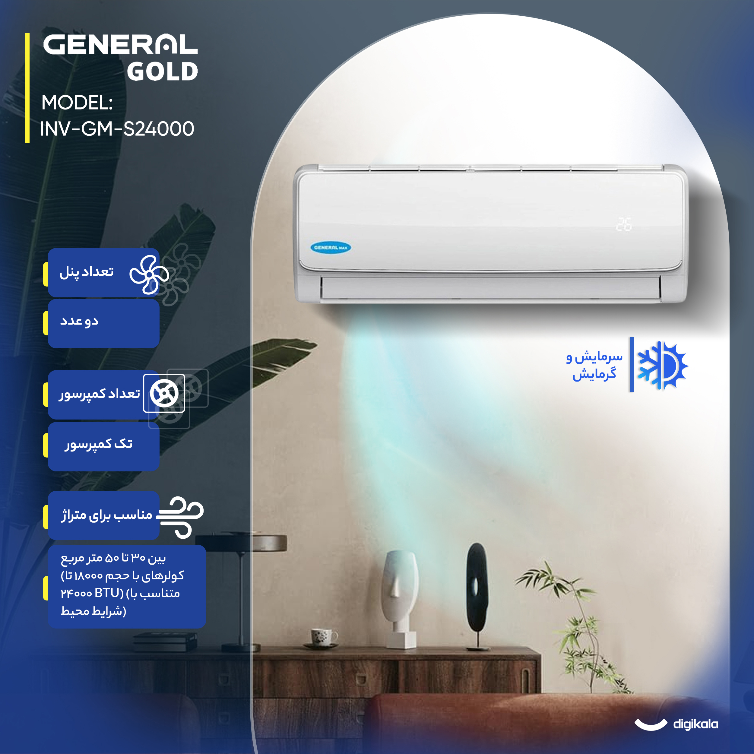 کولر گازی اسپلیت دیواری 24000 اینورتر جنرال مکس مدل GM-S24000-INV