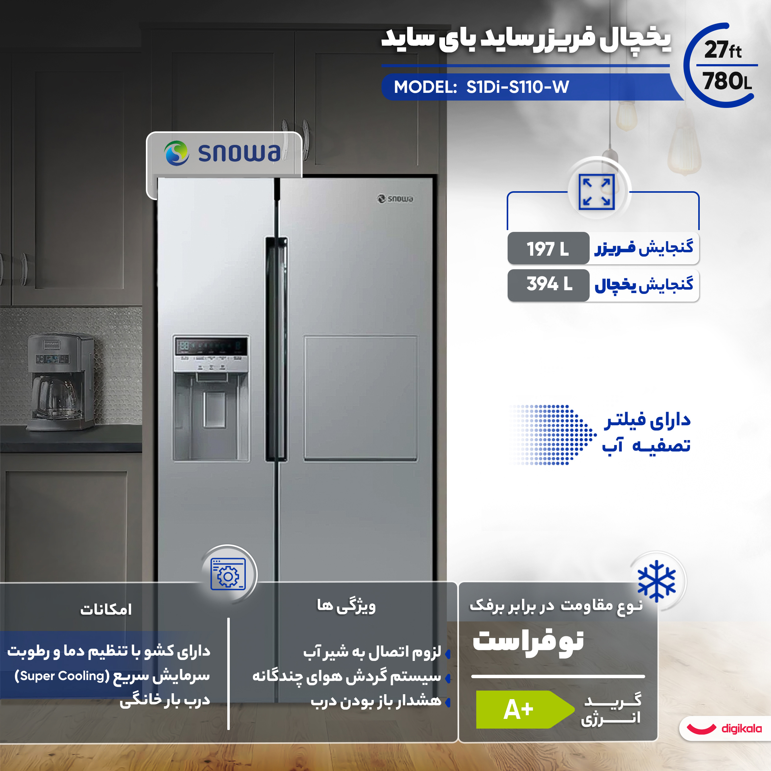 یخچال فریزر ساید بای ساید 27 فوت اسنوا مدل S1Di-S110-W