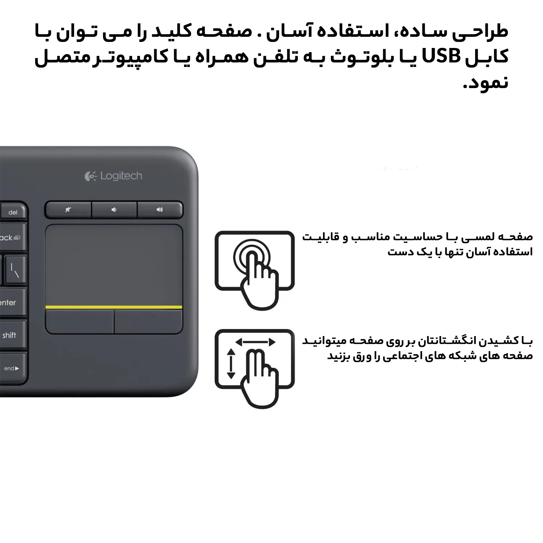 کیبورد بی سیم لاجیتک مدل K400 Plus، سوییچ ممبران، Tenkeyless