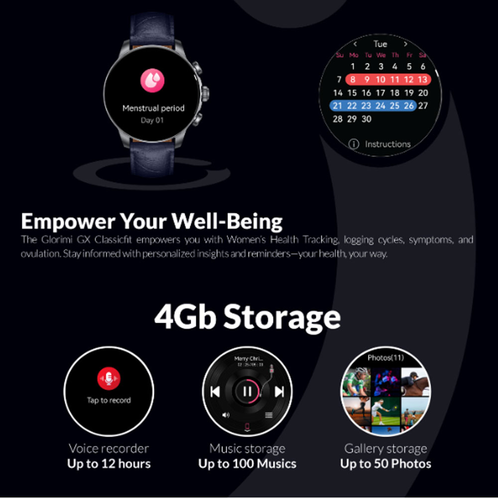 ساعت هوشمند 47 میلی متری گلوریمی مدل GX CLASSICFIT (LIMITED EDITION) بند چرمی