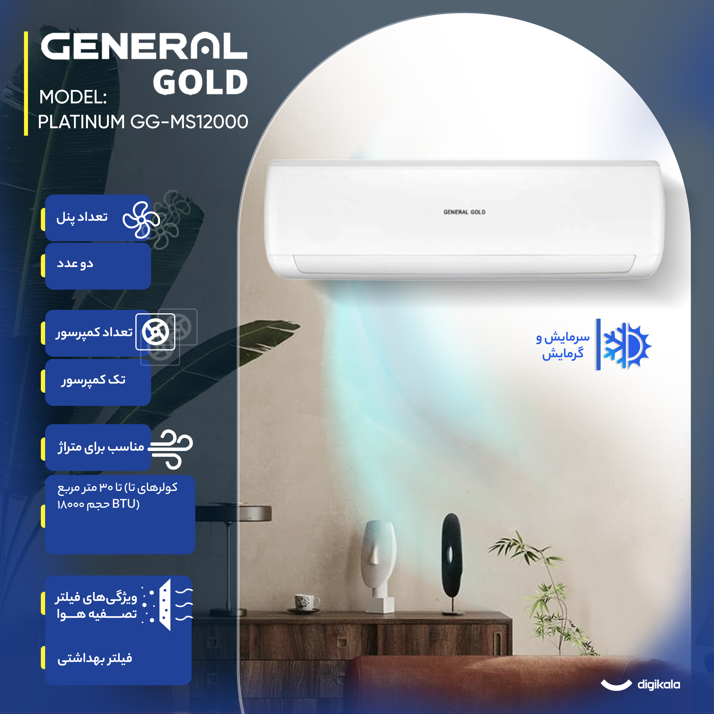 کولر گازی اسپلیت دیواری 12000 دور ثابت جنرال گلد مدل GG-MS12000 PLATINUM