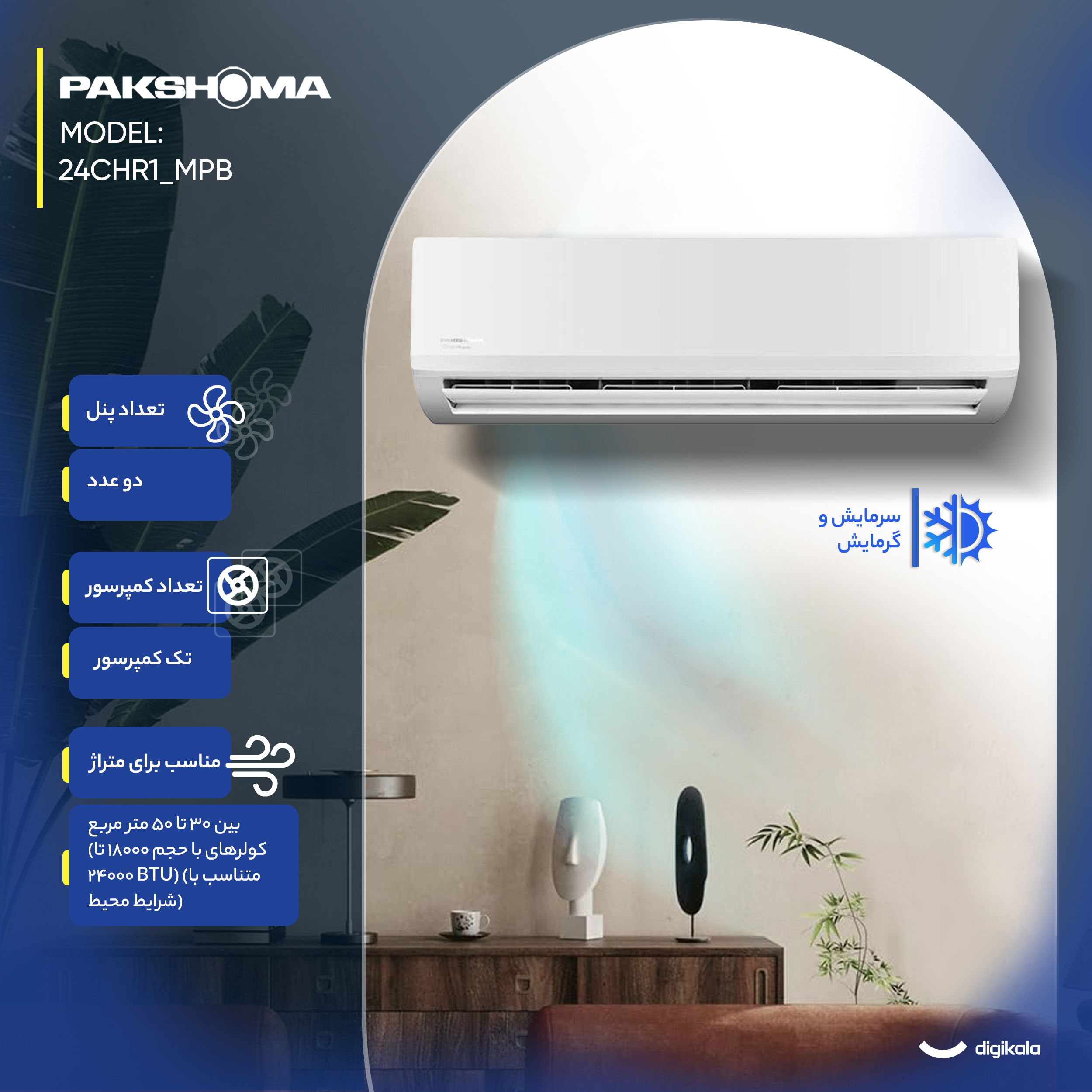کولر گازی اسپلیت دیواری 24000 دور ثابت پاکشوما مدل MPB_24CHR1
