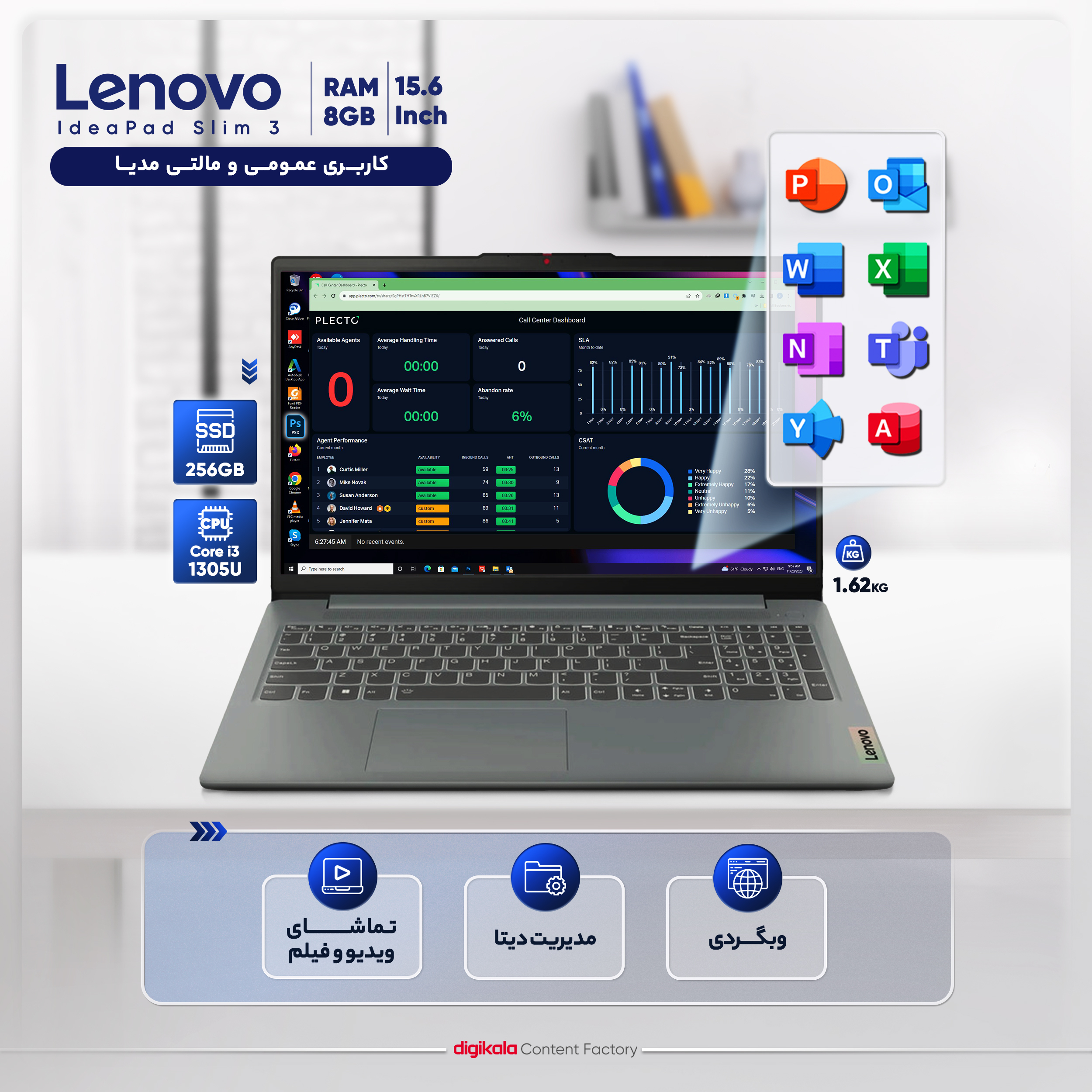 لپ تاپ 15.6 اینچی لنوو مدل IdeaPad Slim 3 15IRU8-i3 1305U-8GB LPDDR5-256GB SSD-TN