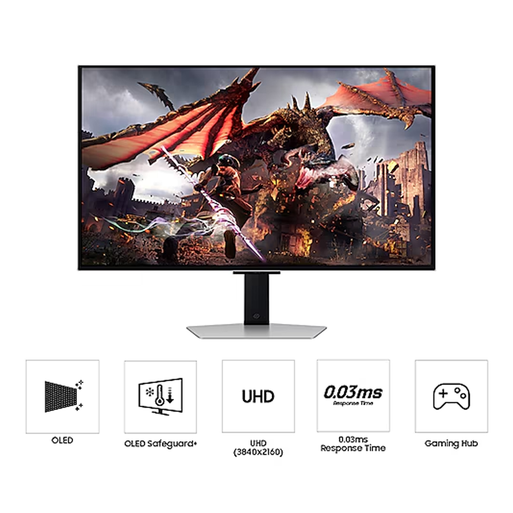 مانیتور گیمینگ 32 اینچ سامسونگ مدل Odyssey G80SD LS32DG802SMXUE، رزولوشن 4K UHD، پنل OLED، نرخ بروزرسانی 240 هرتز، با نسبت تصویر 16:9، دارای اسپیکر داخلی، دارای پورت HDMI و DisplayPort