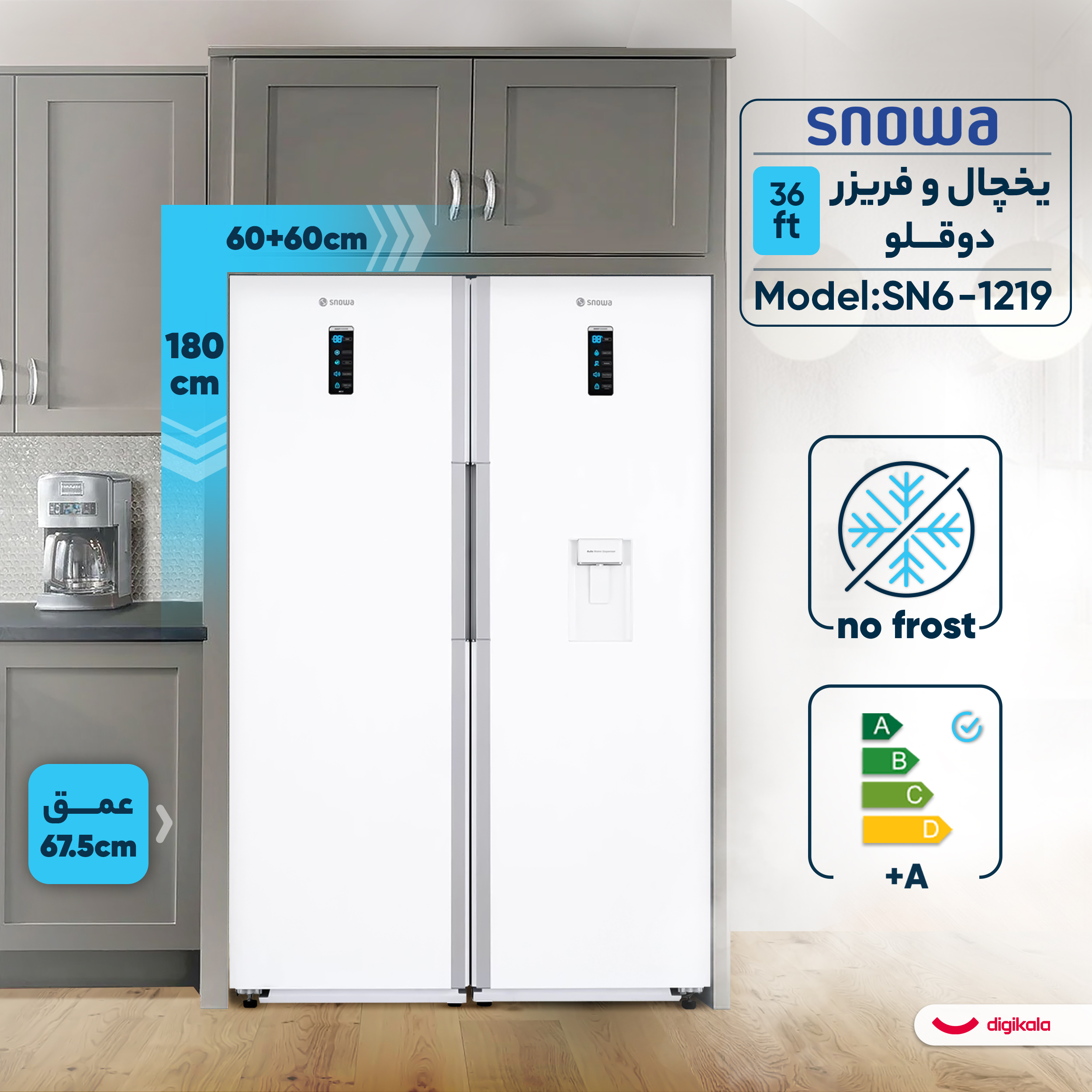 یخچال فریزر 36 فوت دوقلو اسنوا مدل SN6-121، دارای آب‌سردکن، با ارتفاع 180، عمق 67.5 و پهنای 120 سانتی‌متر، میزان مصرف انرژی A+، دارای 5 طبقه در یخچال و 2 طبقه در فریزر، دارای سیستم نوفراست، دارای گردش هوای سه بعدی و