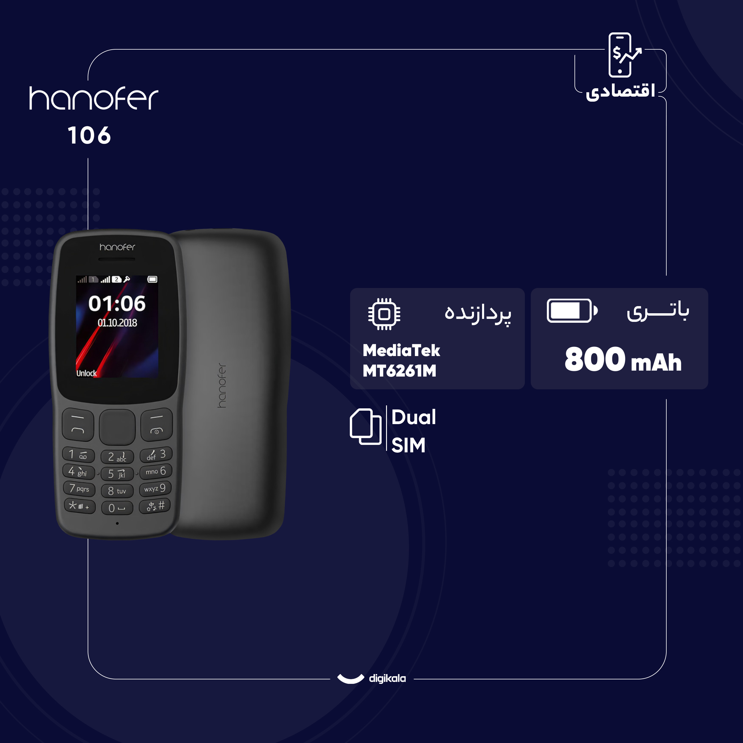 گوشی موبایل هانوفر مدل 106 دو سیم کارت ظرفیت 24 مگابایت و رم 64 مگابایت