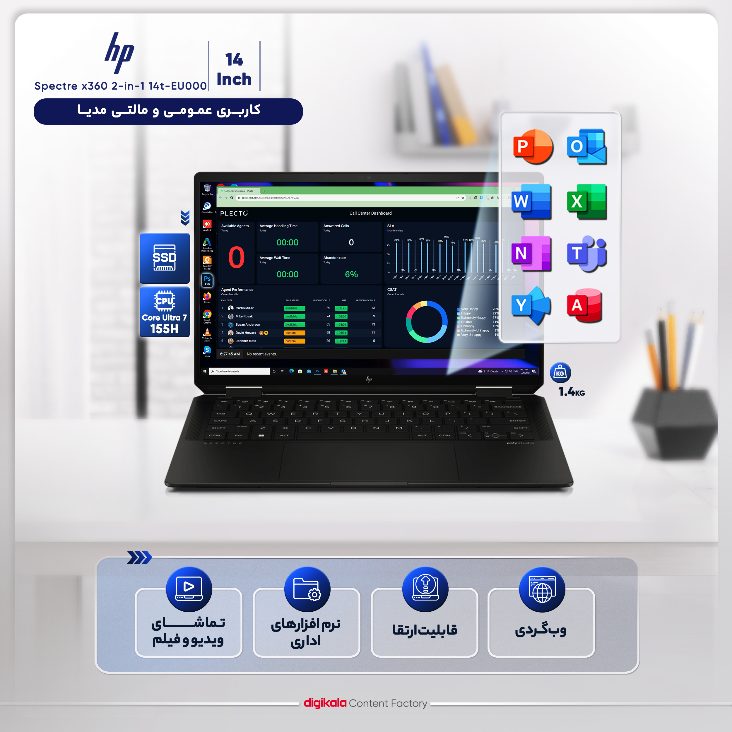 لپ تاپ 14 اینچی اچ‌ پی مدل Spectre x360 2-in-1 14t-EU000-Core Ultra 7-32GB LPDDR5X-1TB SSD-OLED-W