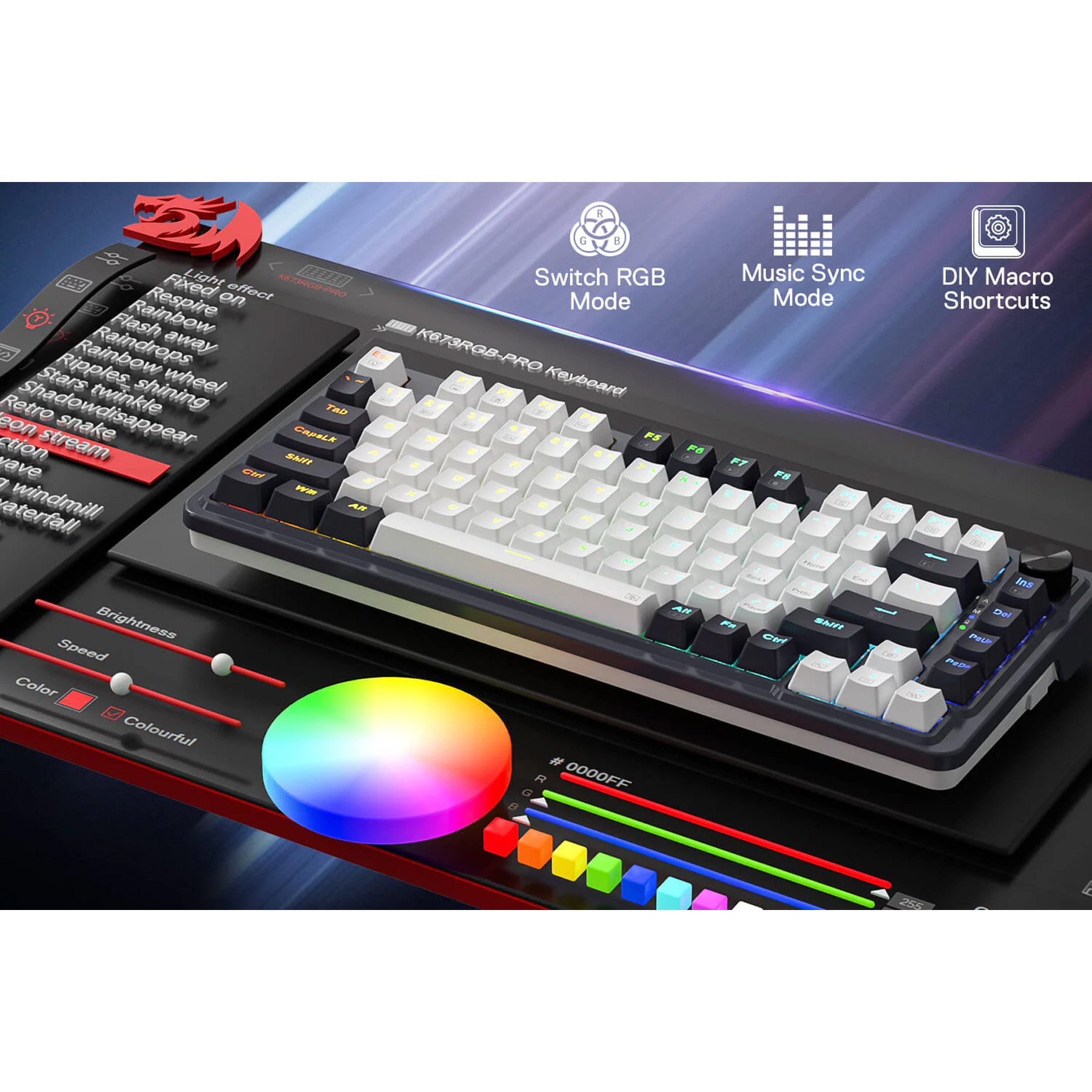 کیبورد گیمینگ ردراگون مدل K673 PRO WB، سوییچ مکانیکال قرمز، Tenkeyless، نورپردازی RGB