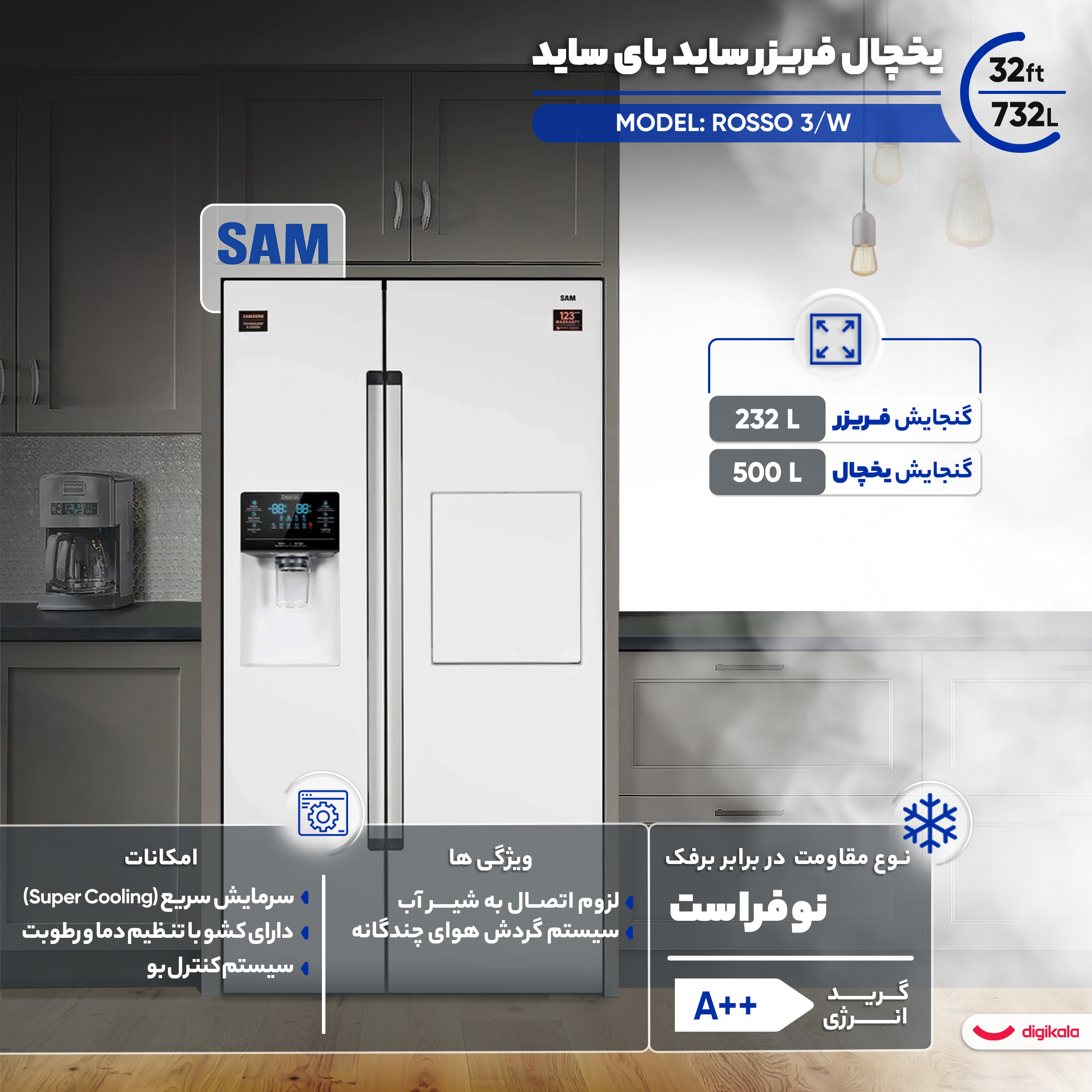 یخچال فریزر ساید بای ساید 32 فوت سام مدل ROSSO 3/W