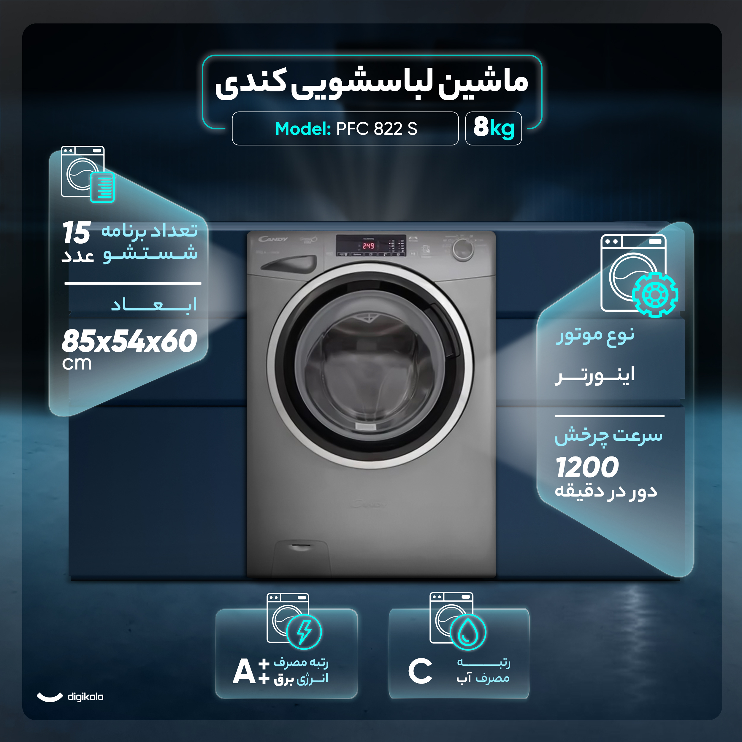 ماشین لباسشویی 8 کیلوگرم اتوماتیک کندی مدل PFC 822 S