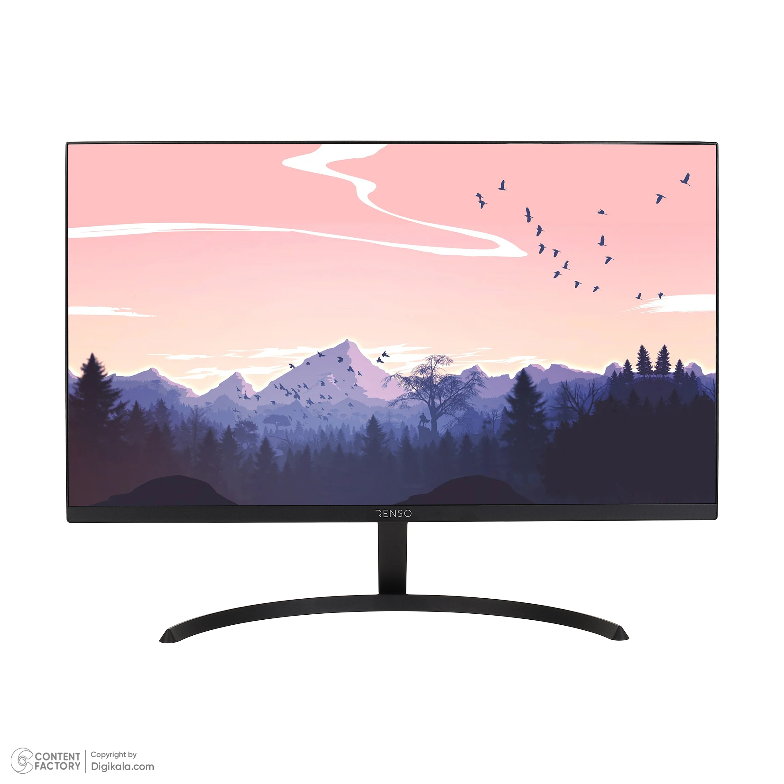 مانیتور رنسو مدل RM-24PRIME سایز 24 اینچ، رزولوشن Full HD، پنل IPS، نرخ بروزرسانی تصویر 100 هرتز، نسبت تصویر 16:9، یک پورت HDMI، یک پورت Displayport و یک پورت VGA  به همراه ماوس