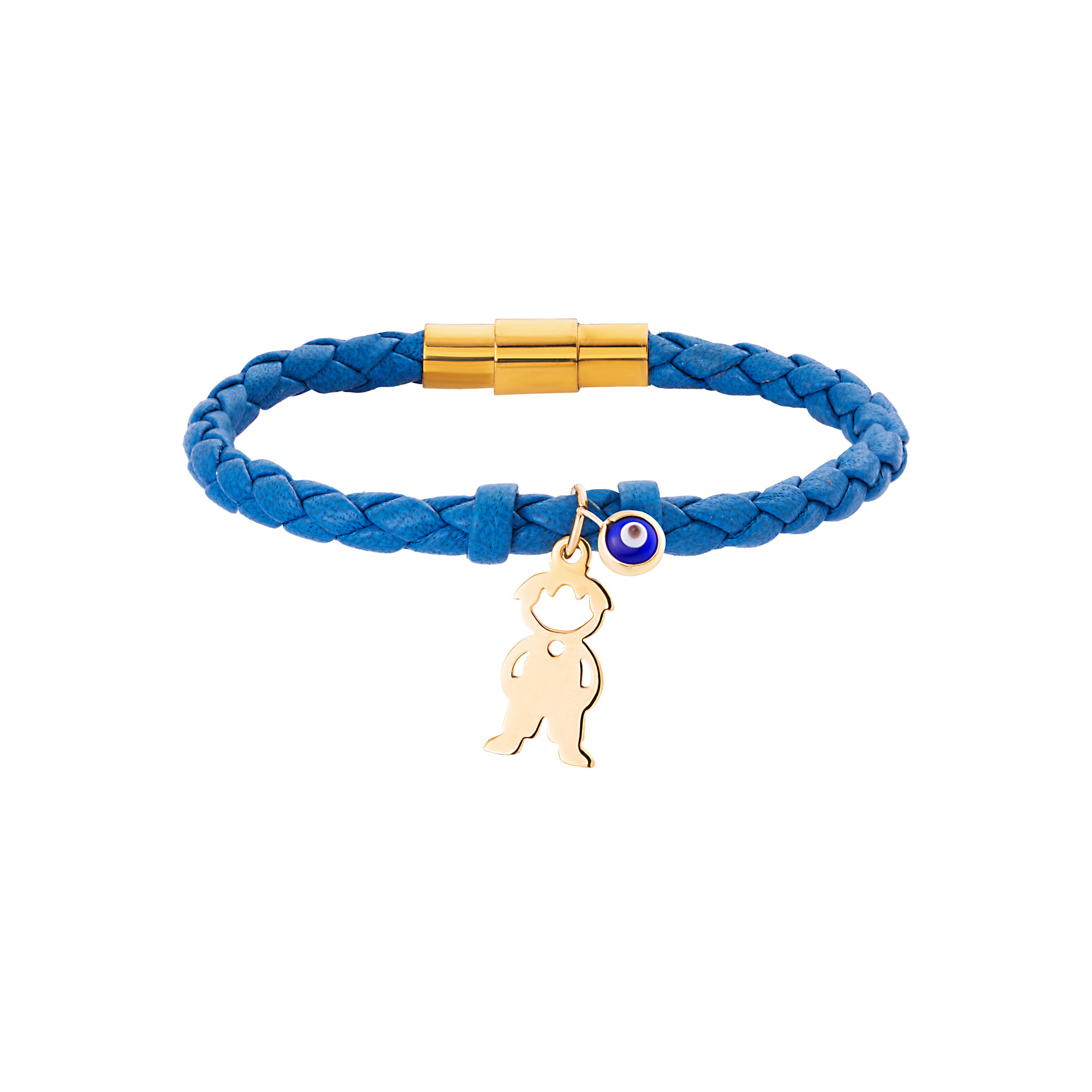 دستبند طلا 18 عیار بچگانه با بند چرمی گالری شیدا مجد مدل پسرک چشم نظر