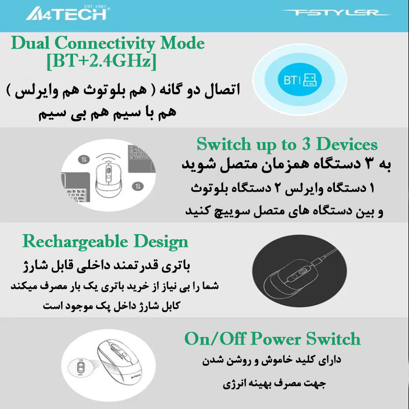 ماوس بی سیم و با سیم ای فورتک مدل F_STYLER_FB_1O_CS_SILENT