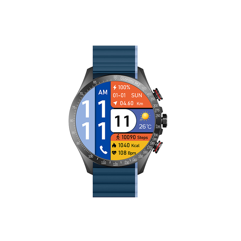 ساعت هوشمند گلوریمی مدل M2 دارای قابلیت های قابلیت مکالمه مستقیم، قابلیت مکالمه از طریق بلوتوث بند سیلیکون