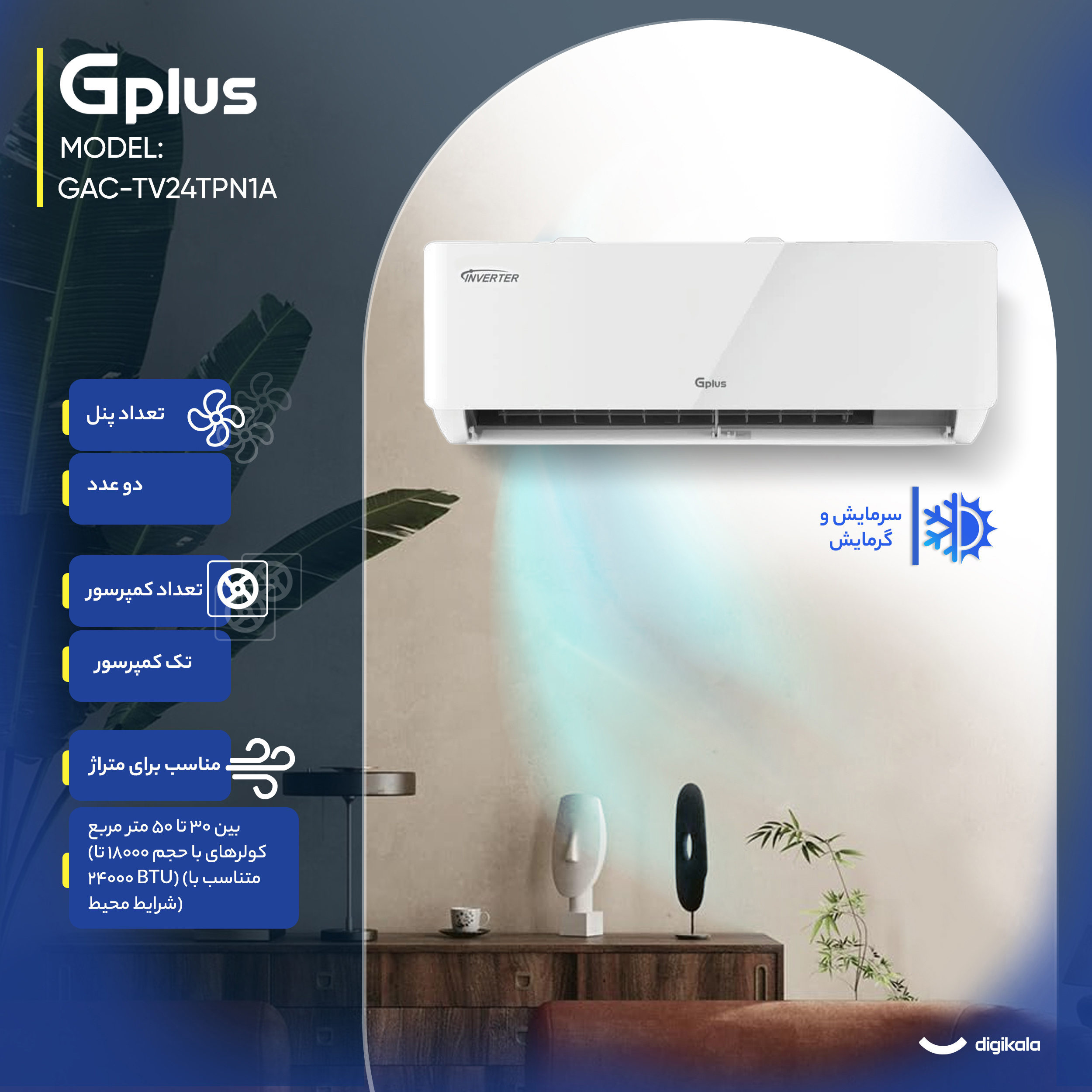کولر گازی اسپلیت دیواری 24000 اینورتر جی پلاس مدل GAC-TV24TPN1A